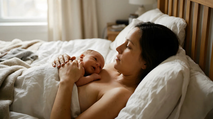 Skin to skin tender moment between a mother and her new baby. 