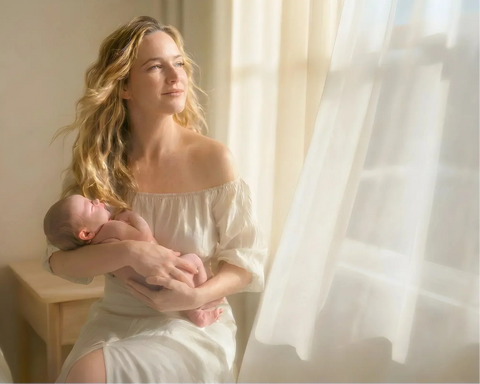 A tender moment of a mother holding her newborn baby while taking a slow deep breath to regulate herself.
