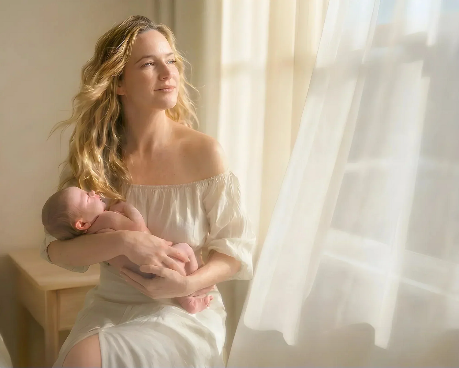 A tender moment of a mother holding her newborn baby while taking a slow deep breath to regulate herself.