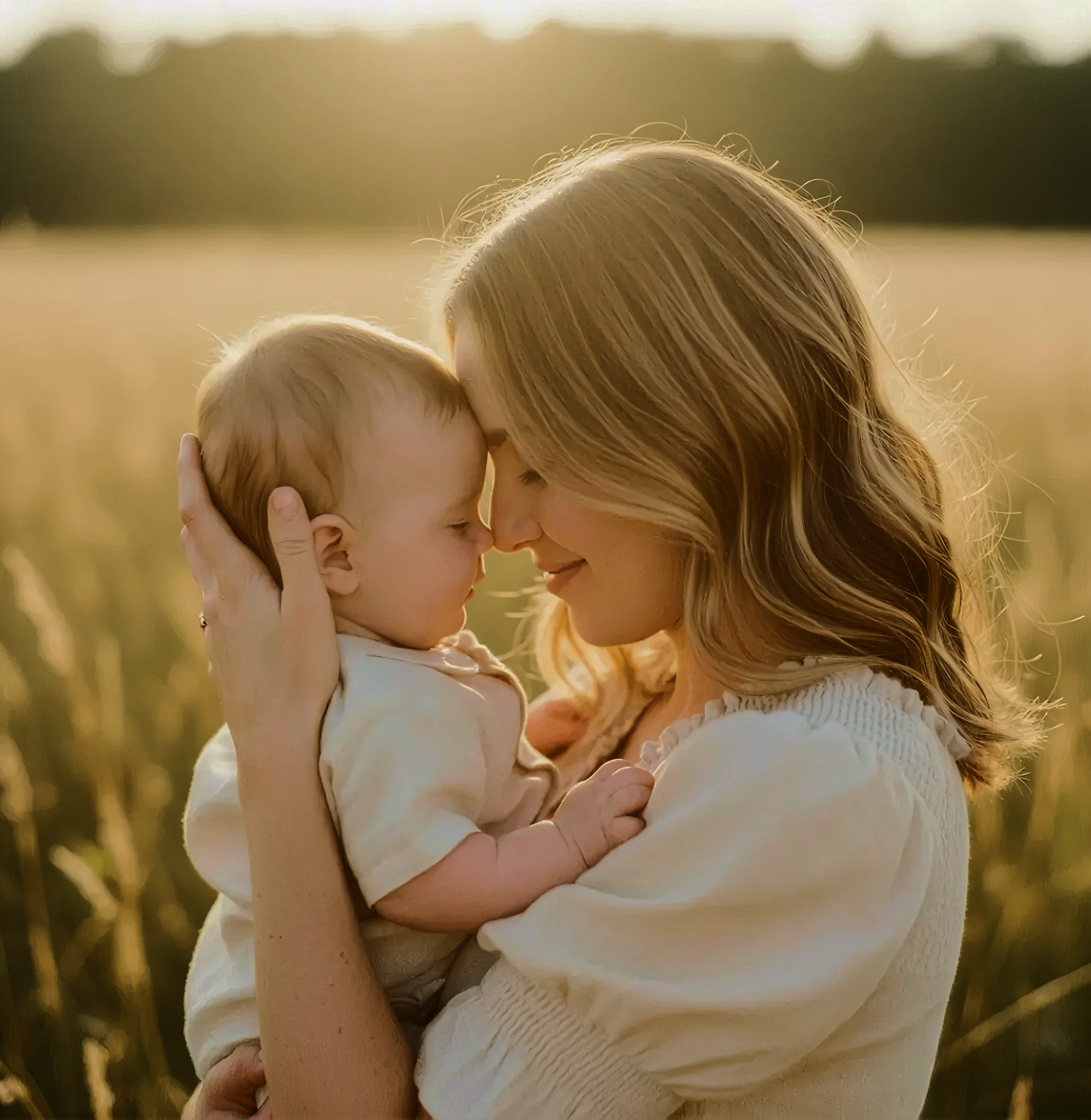 A woman holding a baby in a sunlit field at sunset. The woman has long blonde hair and is wearing a cream-colored blouse, while the baby is dressed in a light cream outfit.
