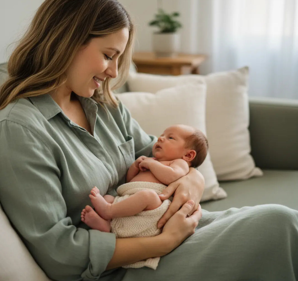 A woman in a sage green robe sits on a sofa holding a swaddled newborn baby in a bright, modern living room.