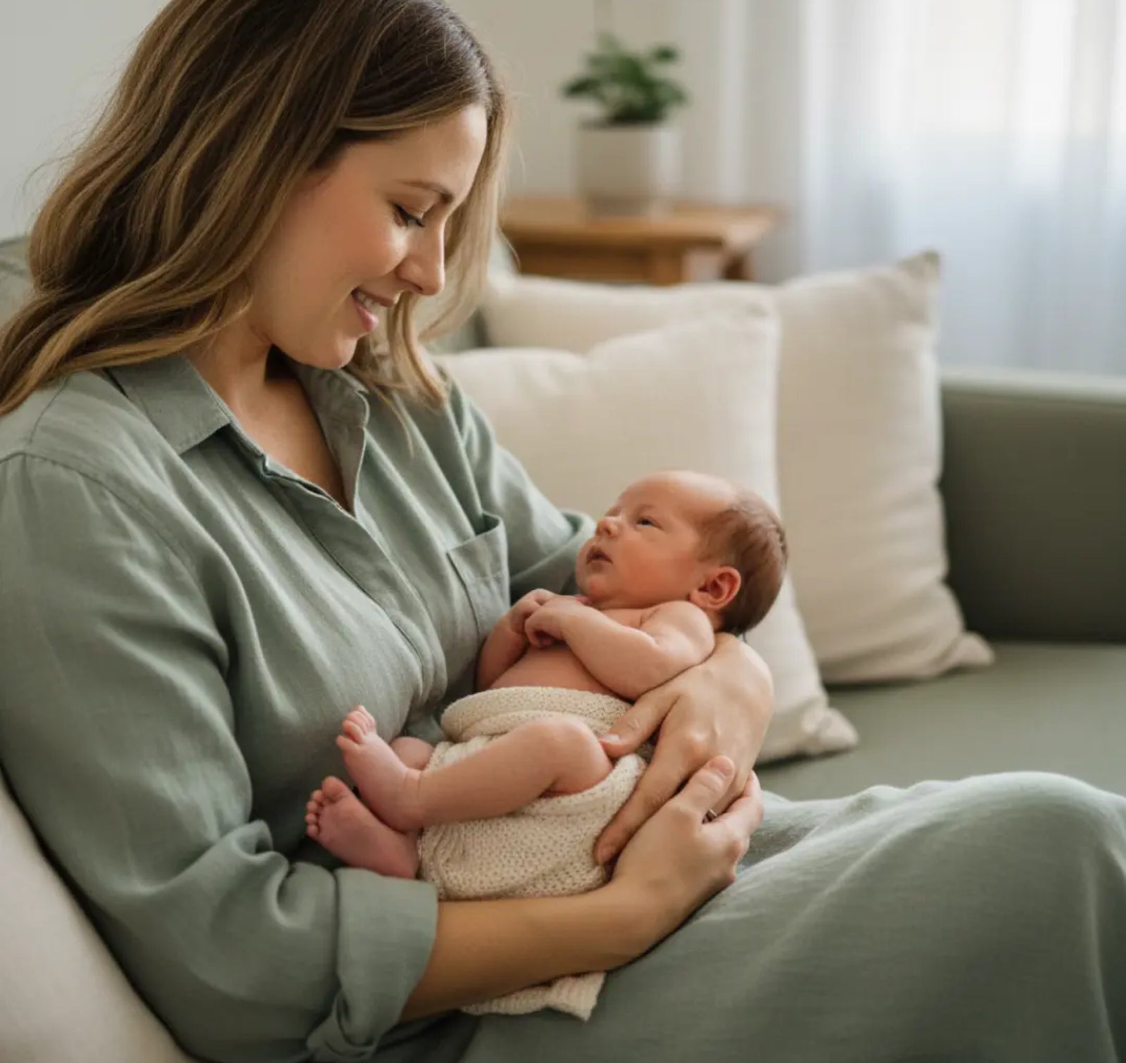 A woman in a sage green robe sits on a sofa holding a swaddled newborn baby in a bright, modern living room.