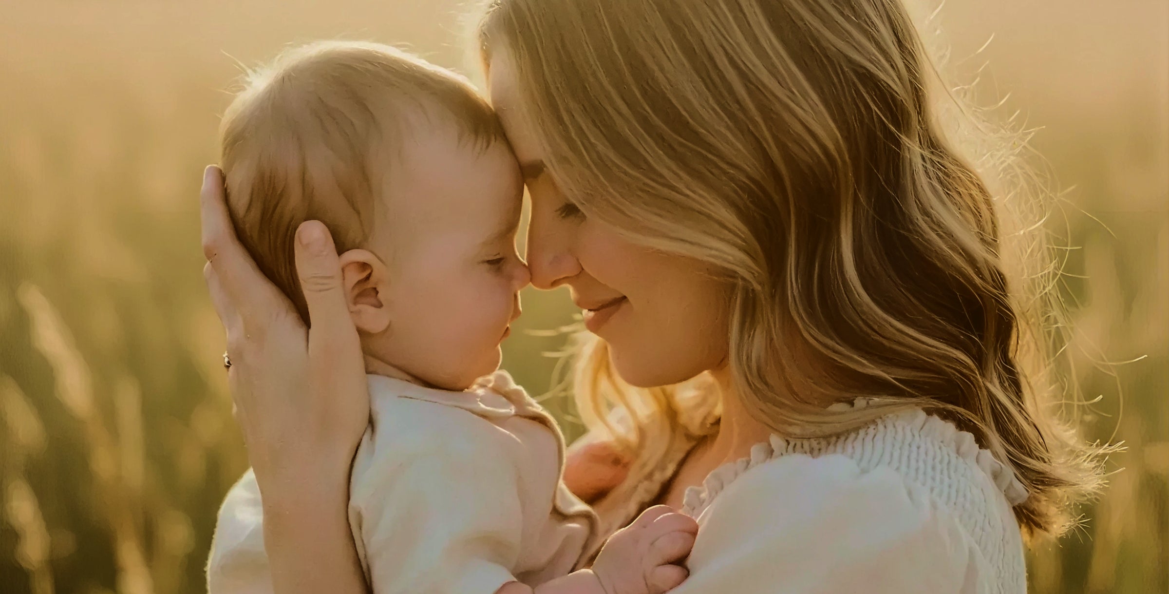 A mother with long blonde hair tenderly holds a baby in a warm, golden outdoor setting. The woman is wearing a white top, and the baby is dressed in a light cream outfit.