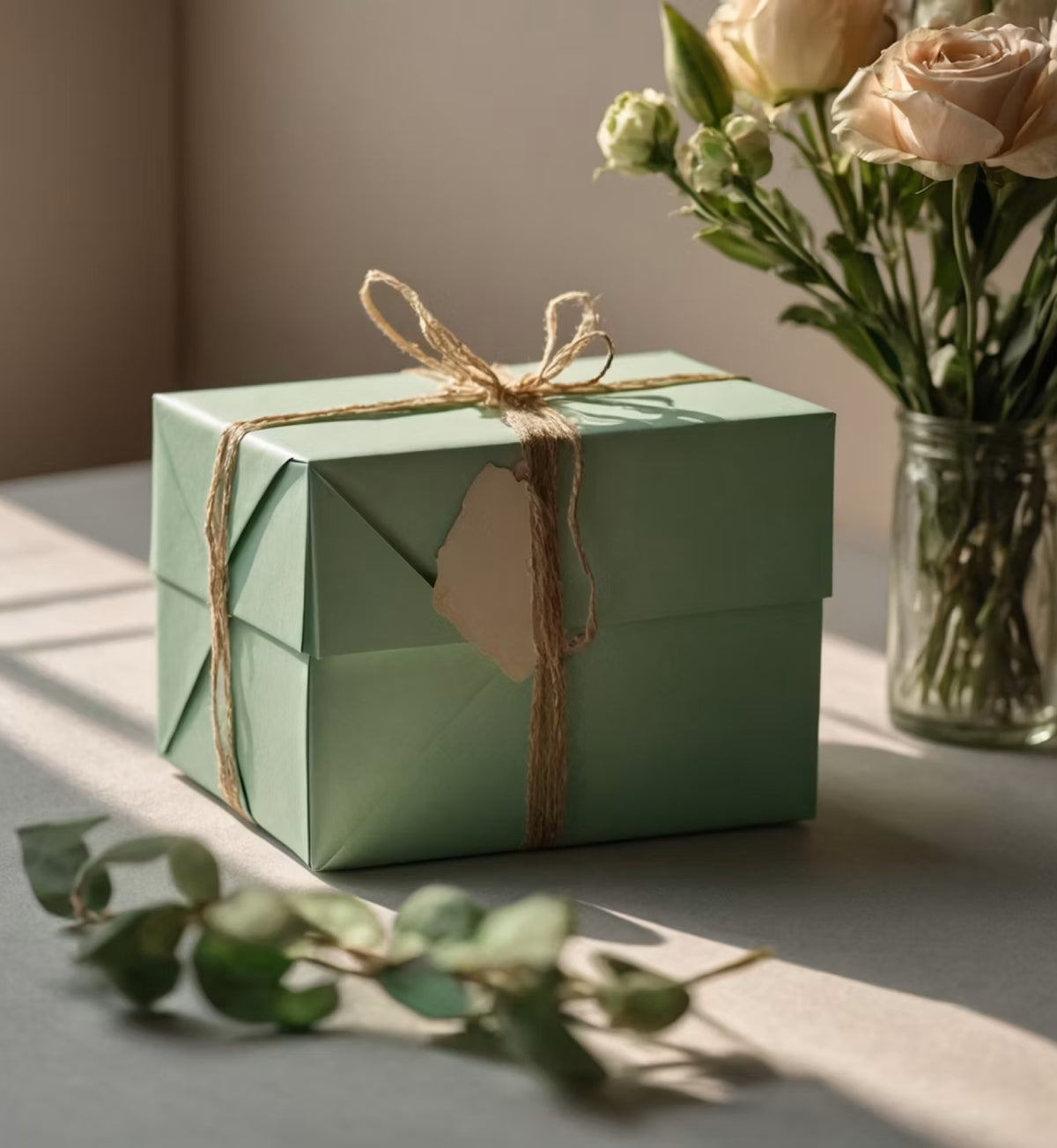 A mint green gift box wrapped in natural jute twine with a blank paper tag, styled on a tabletop next to a glass jar of roses and eucalyptus leaves.