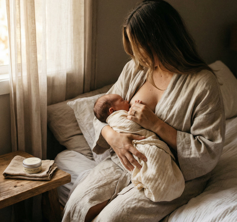 A new mother sitting on the edge of the bed next to a window with soft daylight breastfeeding her new baby, 
