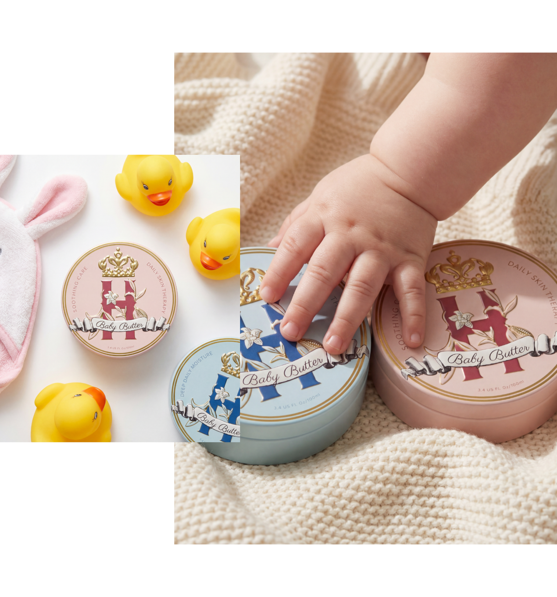 Two round Royal Heir Botanicals butter tins labeled 'Baby Butter' are shown in a styled product collage. One tin is pink with a pink baby towel and yellow rubber ducks on a white background, and the other tin is blue with a baby hand touching it on a cream knit blanket.