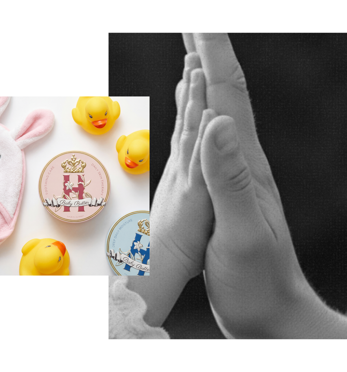 A collage-style product image showing two round cosmetic tins with Royal Heir Botanicals Butters, alongside small yellow rubber ducks and a grayscale photo of clasped hands. The tins are the main sold items, while the hands and bath accessories function as lifestyle/context props.